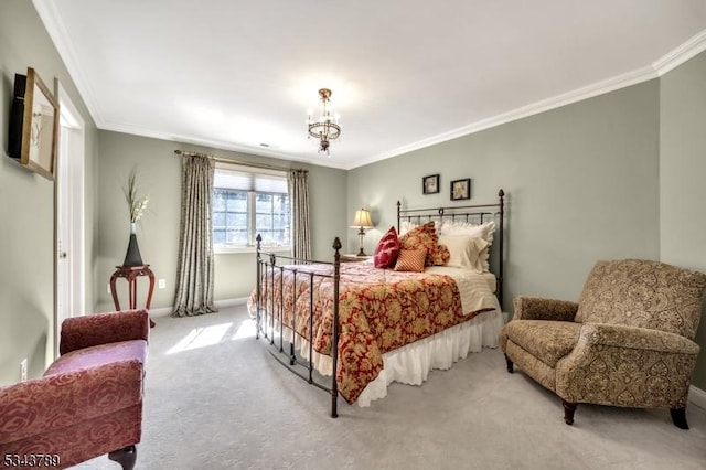 bedroom featuring light colored carpet, baseboards, a chandelier, and ornamental molding