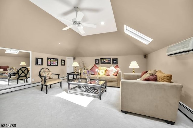 living room featuring ceiling fan, baseboard heating, carpet flooring, a skylight, and a wall mounted AC