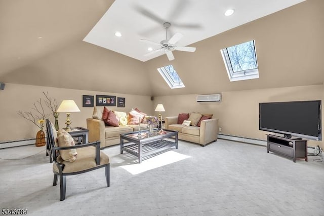 carpeted living room featuring a baseboard heating unit, lofted ceiling with skylight, a wealth of natural light, and a wall mounted air conditioner