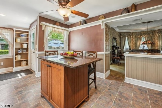 7 High St, Stanhope Boro, NJ 07874 - kitchen with plenty of natural light, stone finish flooring, ceiling fan, a breakfast bar, and a wainscoted wall