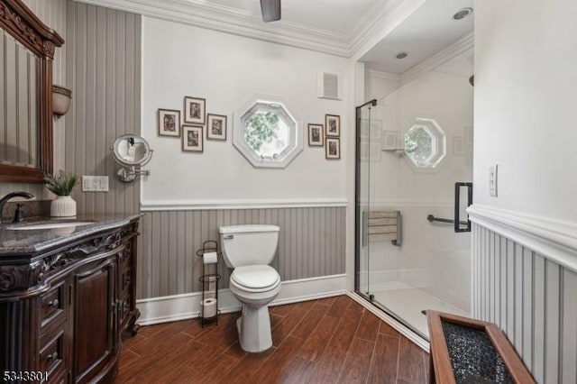 7 High St, Stanhope Boro, NJ 07874 - full bath featuring a stall shower, vanity, wood finished floors, toilet, and ornamental molding