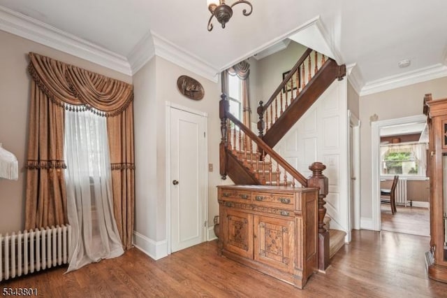 7 High St, Stanhope Boro, NJ 07874 - entryway featuring radiator, wood finished floors, ornamental molding, stairs, and baseboards