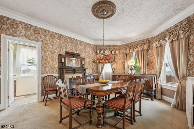 7 High St, Stanhope Boro, NJ 07874 - dining room with plenty of natural light, a textured ceiling, ornamental molding, light carpet, and wallpapered walls