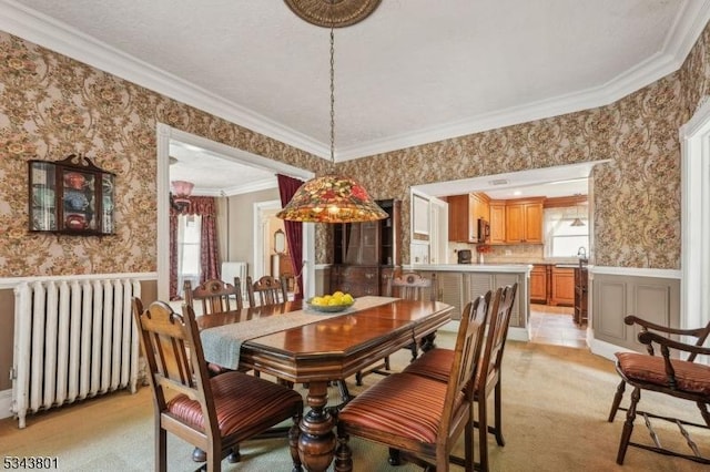 7 High St, Stanhope Boro, NJ 07874 - dining room featuring radiator heating unit, wallpapered walls, healthy amount of natural light, wainscoting, and crown molding