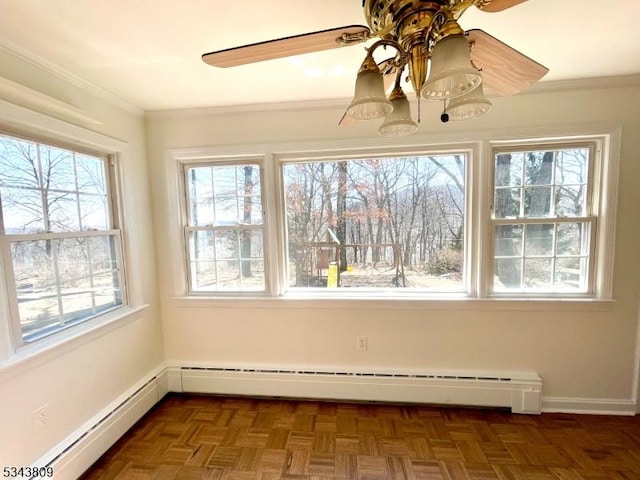 unfurnished sunroom with a baseboard heating unit, baseboard heating, and a ceiling fan