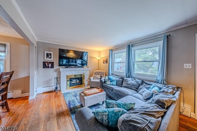 living area featuring a baseboard heating unit, a fireplace with flush hearth, wood finished floors, and ornamental molding