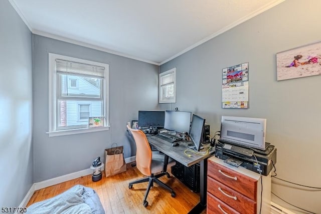 office space with hardwood / wood-style floors, baseboards, and ornamental molding