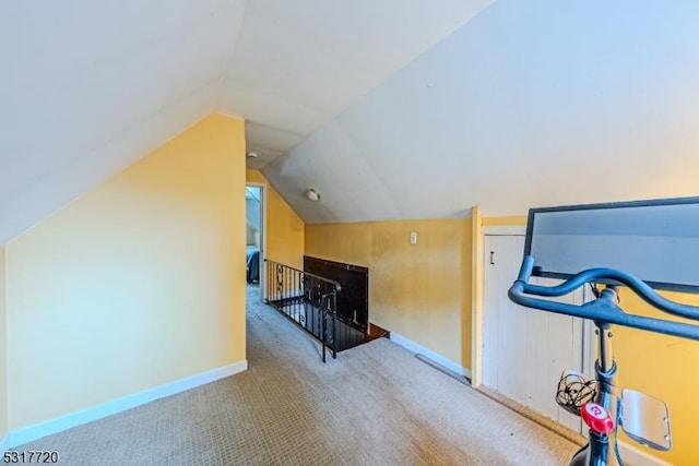 additional living space featuring baseboards, carpet, and vaulted ceiling