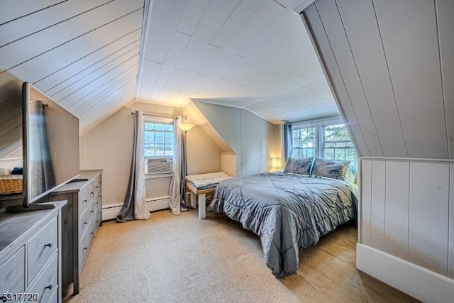 bedroom with wooden walls, cooling unit, lofted ceiling, light colored carpet, and baseboard heating