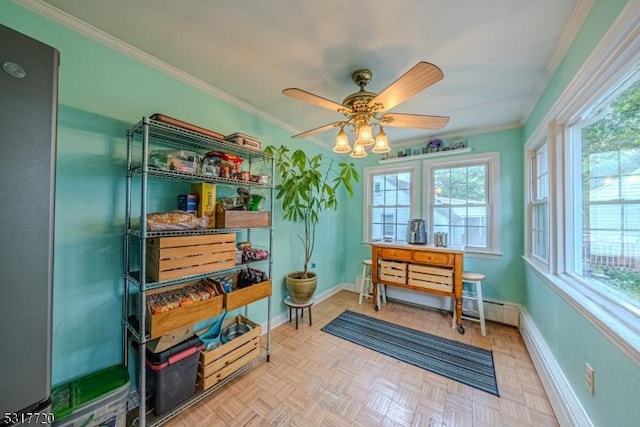 interior space with a ceiling fan