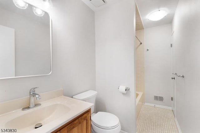 full bathroom with shower / bathing tub combination, visible vents, toilet, and vanity