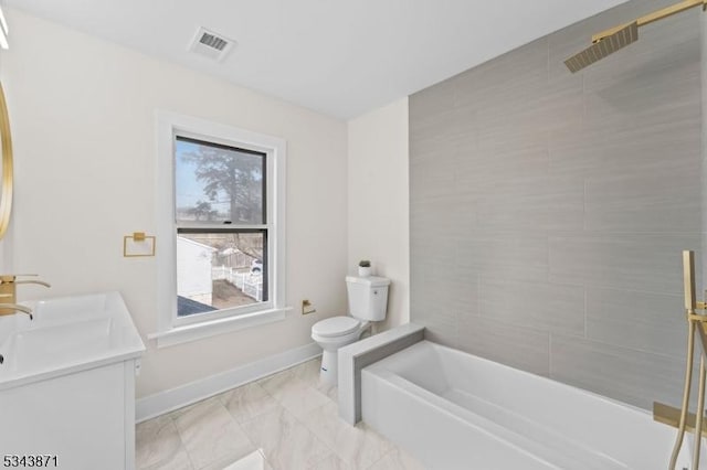 full bath with visible vents, baseboards, toilet, a bathtub, and a shower