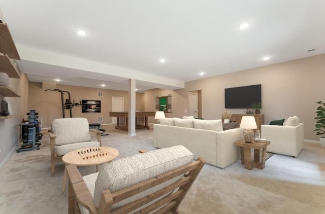 living room featuring light carpet, recessed lighting, and baseboards