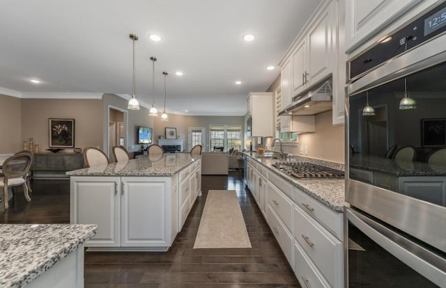 kitchen featuring a sink, open floor plan, stainless steel appliances, white cabinetry, and dark wood-style flooring