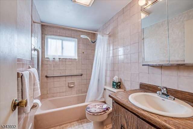 full bath with shower / bathtub combination with curtain, toilet, tile walls, tile patterned flooring, and vanity