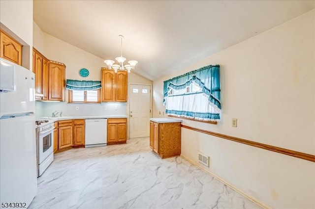 kitchen with visible vents, marble finish floor, white appliances, and light countertops