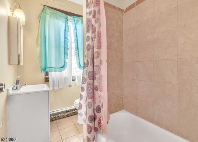 bathroom with tile patterned floors, shower / bathtub combination with curtain, toilet, and vanity