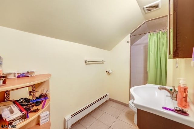 full bathroom featuring visible vents, lofted ceiling, a baseboard heating unit, tile patterned floors, and toilet