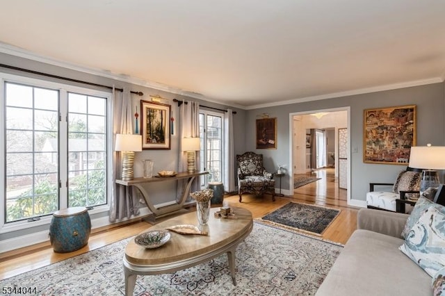 living room featuring light wood-style flooring, plenty of natural light, baseboards, and ornamental molding