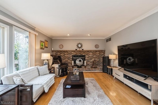 living room with visible vents, light wood-style floors, and crown molding