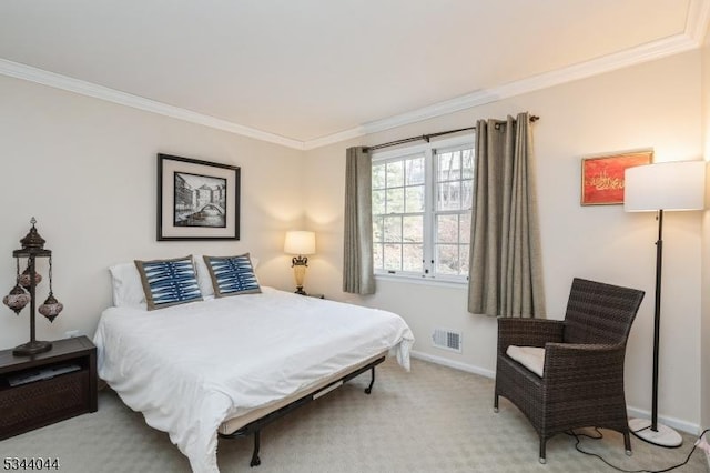 bedroom with visible vents, baseboards, light colored carpet, and ornamental molding