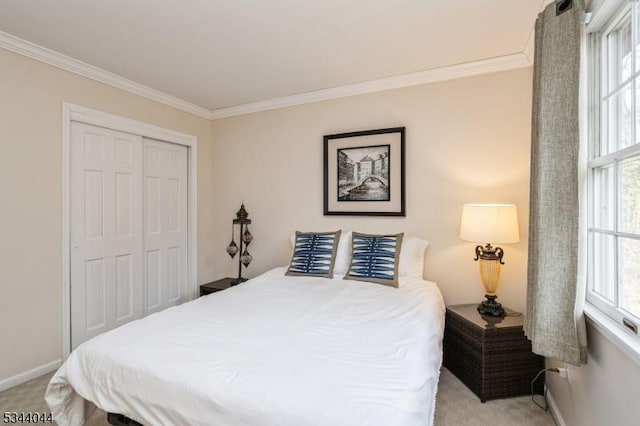 bedroom featuring light colored carpet, crown molding, and multiple windows