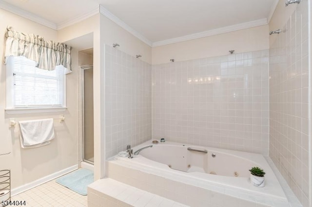 full bathroom with a tub with jets, ornamental molding, tile patterned flooring, and a tile shower