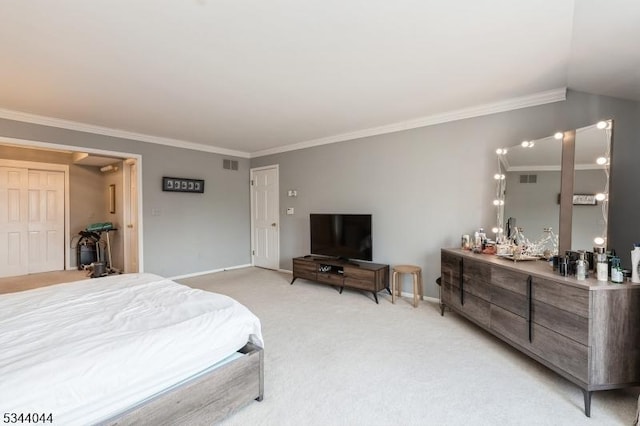 bedroom featuring visible vents, baseboards, light colored carpet, and ornamental molding