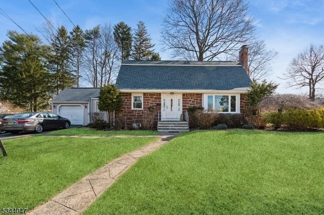 dutch colonial with an attached garage, a chimney, and a front yard