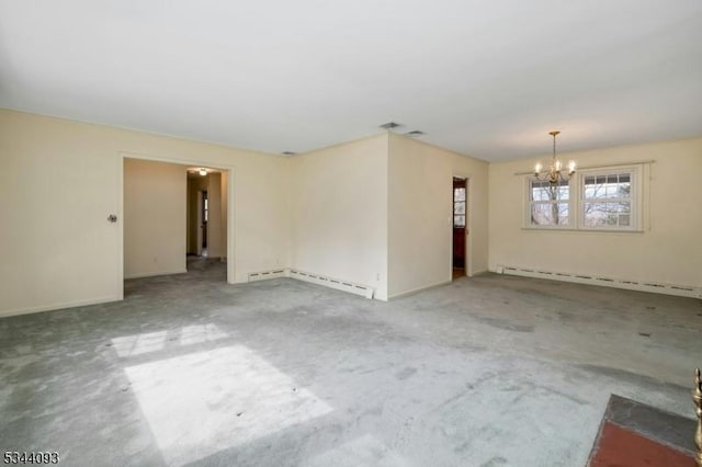 empty room with baseboard heating, a baseboard heating unit, and an inviting chandelier