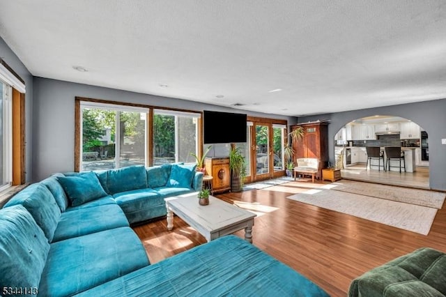 living area featuring arched walkways, plenty of natural light, and light wood-type flooring