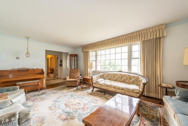 living area with wood finished floors and ornamental molding