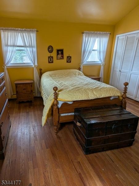 bedroom with a closet, multiple windows, hardwood / wood-style floors, and vaulted ceiling