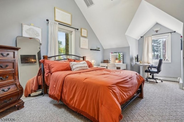118 Indian Run Pkwy, Union Twp, NJ 07083 - carpeted bedroom with visible vents, vaulted ceiling, multiple windows, and baseboard heating