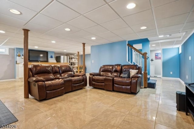118 Indian Run Pkwy, Union Twp, NJ 07083 - living room with recessed lighting, baseboards, a drop ceiling, and stairway