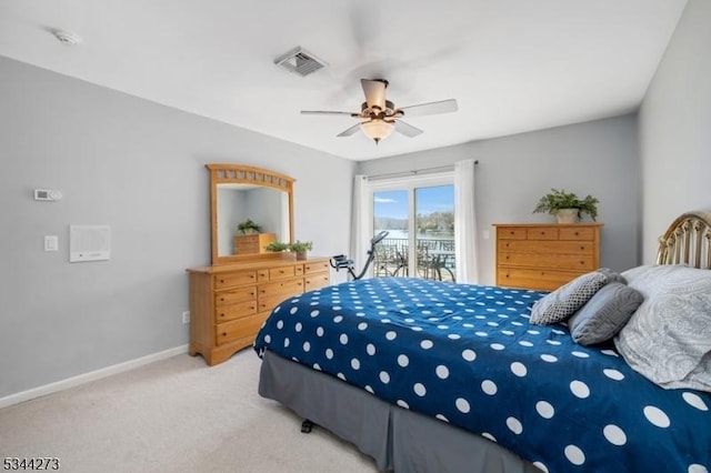 bedroom featuring visible vents, baseboards, ceiling fan, access to outside, and light colored carpet