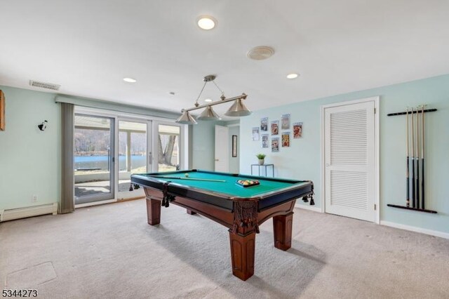 playroom with a baseboard heating unit, billiards, light carpet, recessed lighting, and visible vents