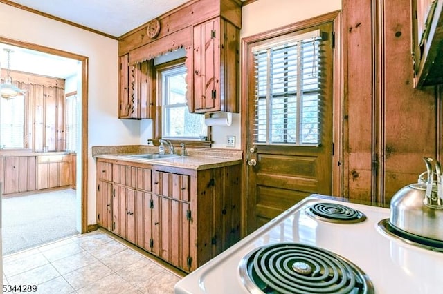 kitchen with white electric stove, a sink, light countertops, and plenty of natural light