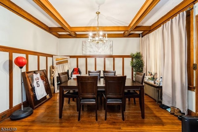 dining area featuring beamed ceiling, radiator heating unit, a notable chandelier, coffered ceiling, and dark wood-style flooring