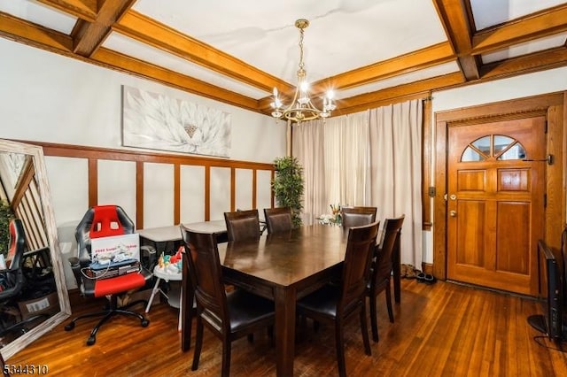 dining area with dark wood-style floors, a notable chandelier, beamed ceiling, and coffered ceiling