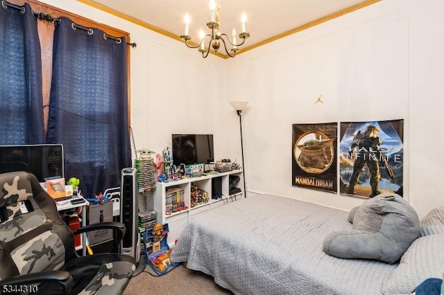 bedroom featuring carpet floors and an inviting chandelier