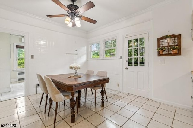 274 Ridgewood Ave, Glen Ridge Boro Twp, NJ 07028 - dining area featuring radiator, light tile patterned floors, a ceiling fan, crown molding, and baseboards