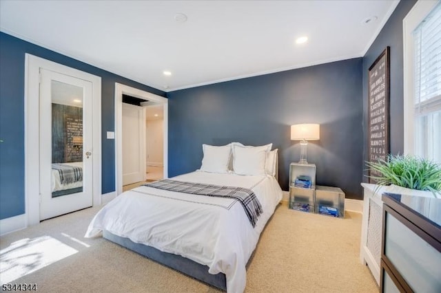 bedroom featuring crown molding, recessed lighting, carpet, and baseboards