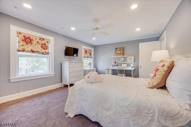 carpeted bedroom featuring baseboards, a ceiling fan, and recessed lighting