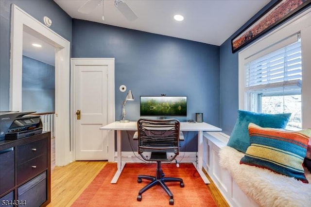 office with recessed lighting, ceiling fan, and wood finished floors