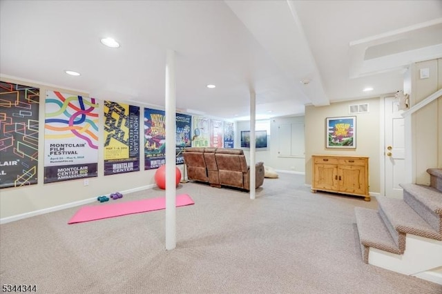 exercise room with visible vents, carpet flooring, baseboards, and recessed lighting