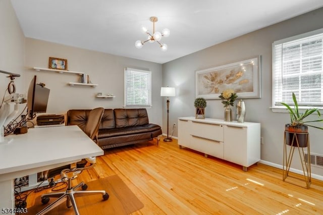 38 Beverly Dr, Hillsborough Twp, NJ 08844 - office featuring healthy amount of natural light, light wood finished floors, a chandelier, and baseboards