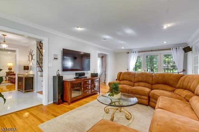 38 Beverly Dr, Hillsborough Twp, NJ 08844 - living room with crown molding, light wood-style floors, baseboards, and recessed lighting
