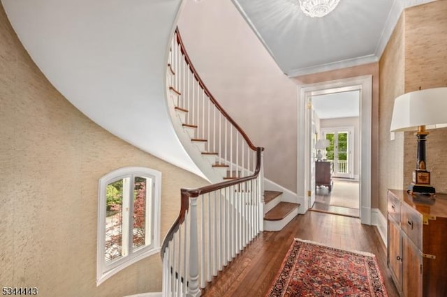 foyer entrance featuring stairway, baseboards, plenty of natural light, and hardwood / wood-style floors