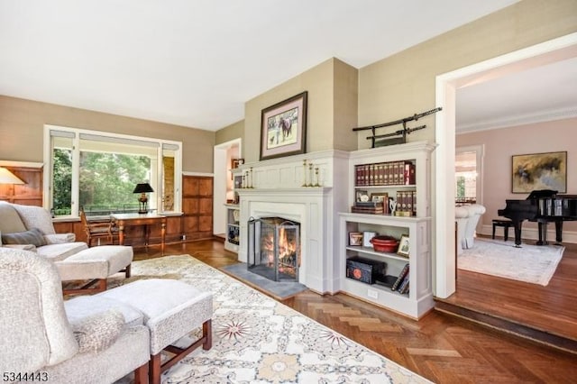 living room with a fireplace with flush hearth